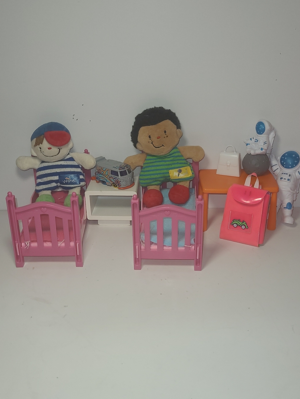 Plush Doll  Michael and Wayne,Bed Playset with Pink Beds and Colorful Dolls